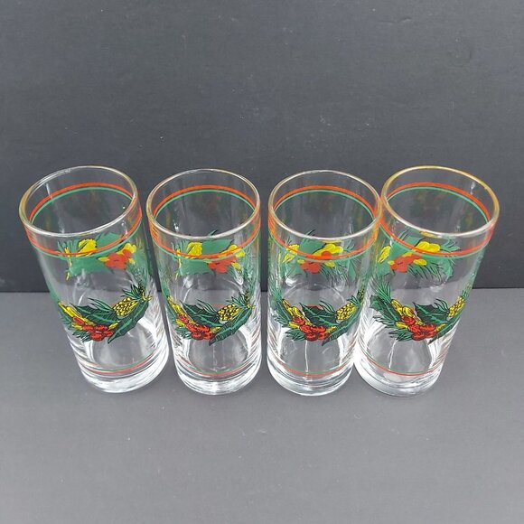 Libbey Cocktail Highball Glasses Christmas Holly Berries Pinecones-Tumblers VTG - Picture 5 of 12